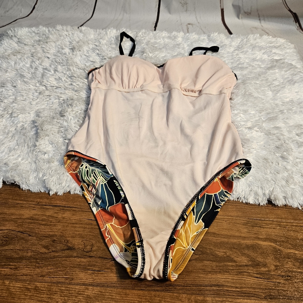 Floral‎ One Piece Swimsuit Tropical Print Black Orange Yellow Bathing Suit Sz L - Picture 5 of 16